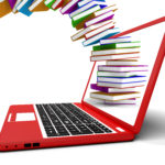 Stack Of Books Flying From Computer Showing Online Learning