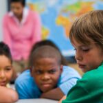 Boy being bullied in elementary school classroom