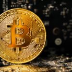 Close-up of a dark gold bitcoin on crypto mining GPU circuit board computer hardware. Virtual money or blockchain cryptocurrency.