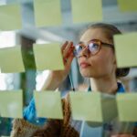 Businesswoman reading reminders in office