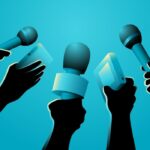 Vector illustration of hands holding microphones and recorders, journalism symbol