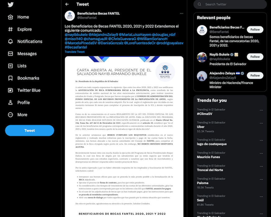 Comunicado publicado por estudiantes afectados por el cambio de las Becas FANTEL a Roque Dalton