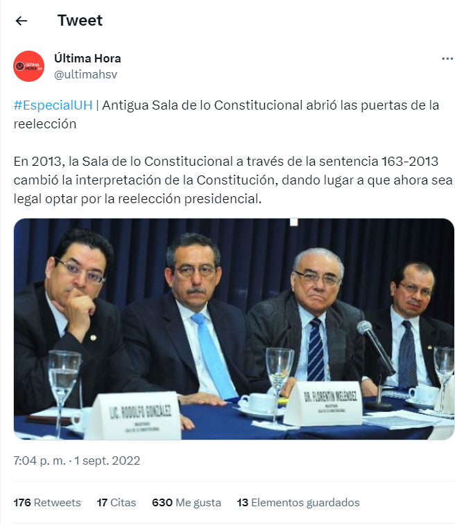 Difusión de contenido falso en el Twitter de Última Hora de para avalar la reelección del presidente Bukele.