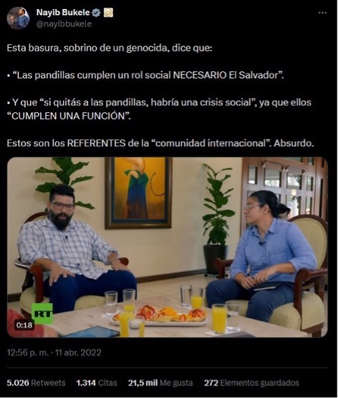 Captura de pantalla del tuit del presidente Nayib Bukele contra el antropólogo Juan Martínez, el 11 de abril de 2022. El mensaje obtuvo más de 5 mil compartidos y 21,500 me gusta.