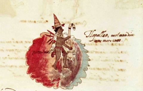 Tlapallan bicolor sobre la cual se alza Quetzálcoatl [Códice Vaticano, Folio 9v, (antes de 1556); https://pueblosoriginarios.com/meso/valle/azteca/codices/rios/rios.html y Élodie Dupey García, "El lugar del color", 2018, http://www.scielo.org.mx/scielo.php?script=sci_arttext&pid=S0185-62862018000200159].