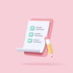 3d white clipboard task management todo check list with pencil, efficient work on project plan, fast progress, level up concept, assignment and exam checklist icon. 3d vector render on pink background