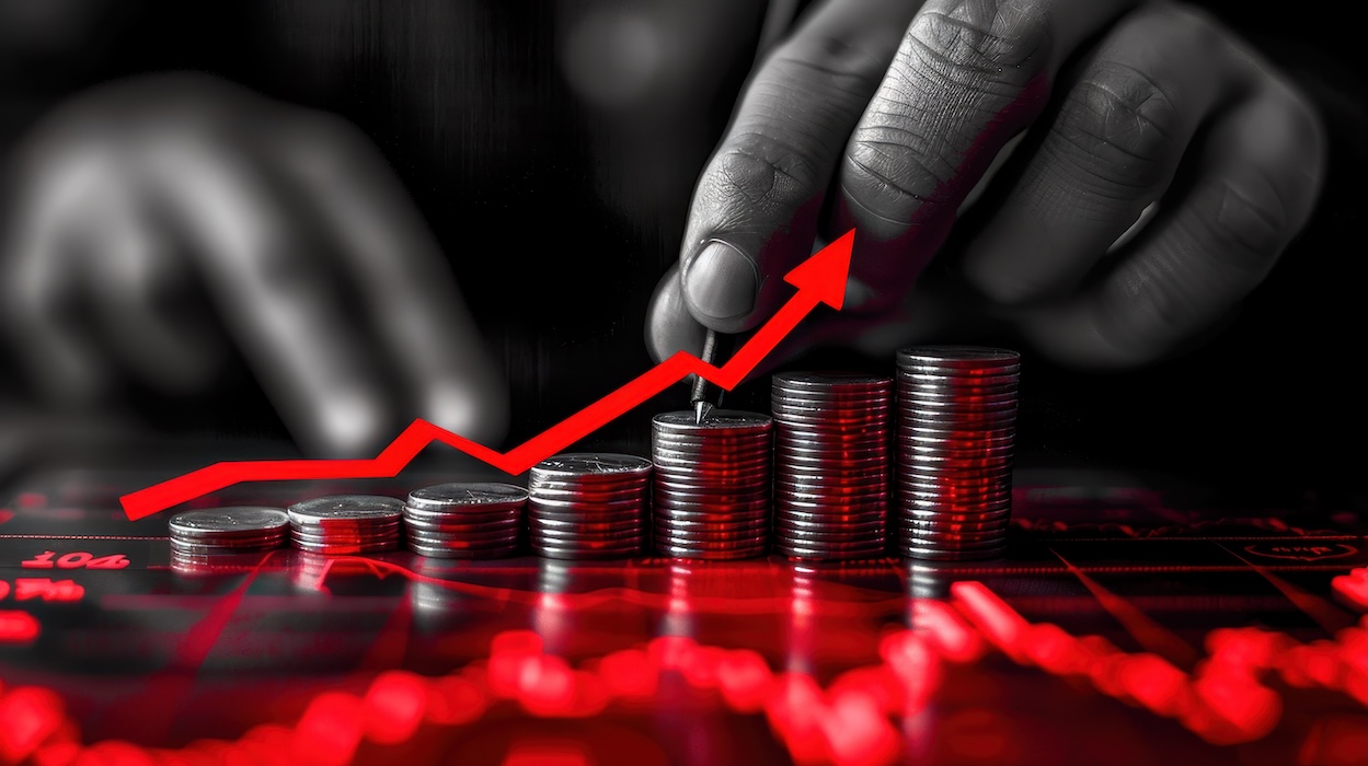 a man holds a stack of coins while drawing an upward arrow, in the style of light red and black, commercial imagery --ar 16:9 --stylize 250 Job ID: 30c45697-49d5-4c8f-9bf9-c62af571dde7